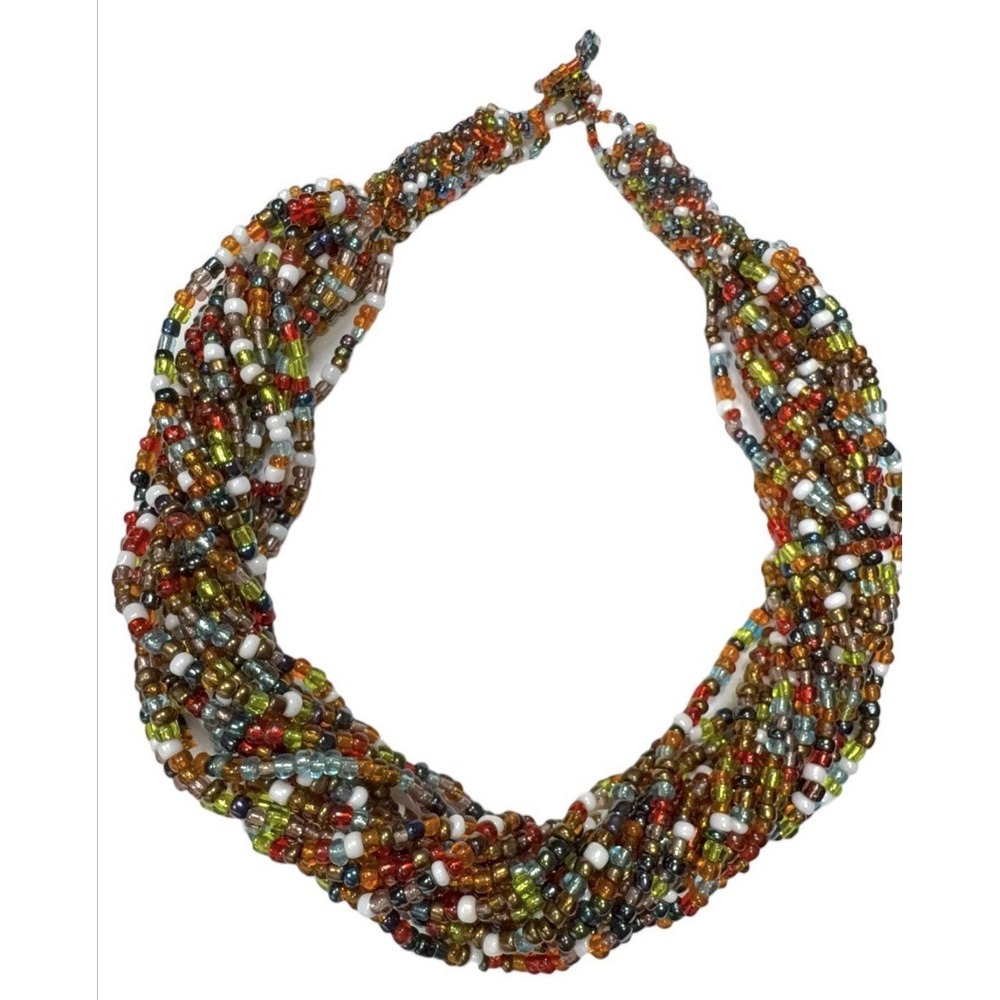 15‑Strand Glass Seed Bead Twisted Necklace Multicolor 20" Artisan Boho Statement